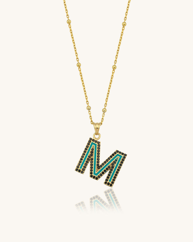 Enamel Letter CZ Black Diamonds Pendant Necklace, 18K Gold-Plated Sterling Silver Dabas Minimalist