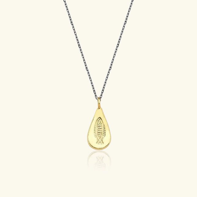 Urart Fish Engraved Pendant Necklace, 18K Gold-Plated Oxidized Sterling Silver - Dabas Minimalist