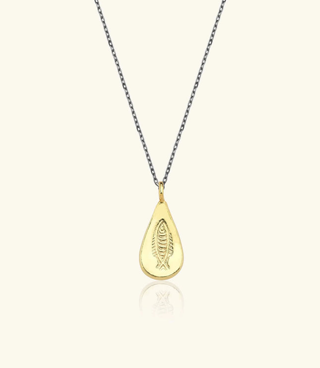 Urart Fish Engraved Pendant Necklace, 18K Gold-Plated Oxidized Sterling Silver - Dabas Minimalist