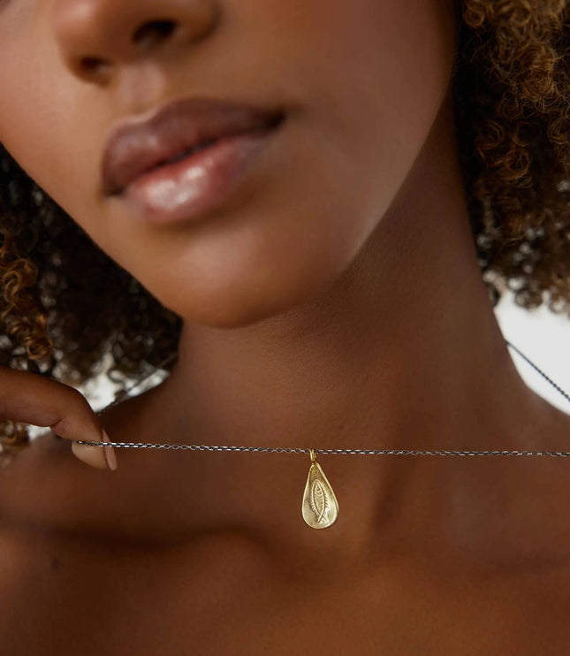 Urart Fish Engraved Pendant Necklace, 18K Gold-Plated Oxidized Sterling Silver - Dabas Minimalist