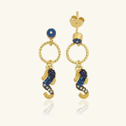 Seahorse Drop Earrings – 18K Gold-Plated Sterling Silver with Blue Accents - Dabas Minimalist