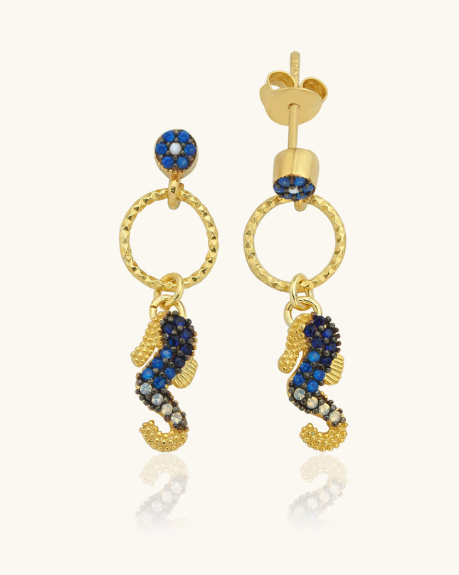 Seahorse Drop Earrings – 18K Gold-Plated Sterling Silver with Blue Accents - Dabas Minimalist