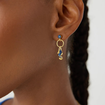 Seahorse Drop Earrings – 18K Gold-Plated Sterling Silver with Blue Accents - Dabas Minimalist