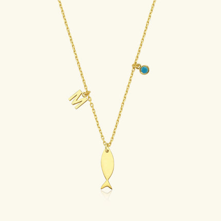 Fish and Initial Necklace, 18K Gold-Plated Sterling Silver Customizable Charm Necklace for Women - Dabas Minimalist