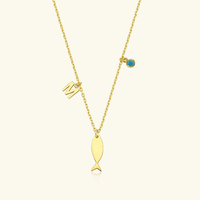 Fish and Initial Necklace, 18K Gold-Plated Sterling Silver Customizable Charm Necklace for Women - Dabas Minimalist