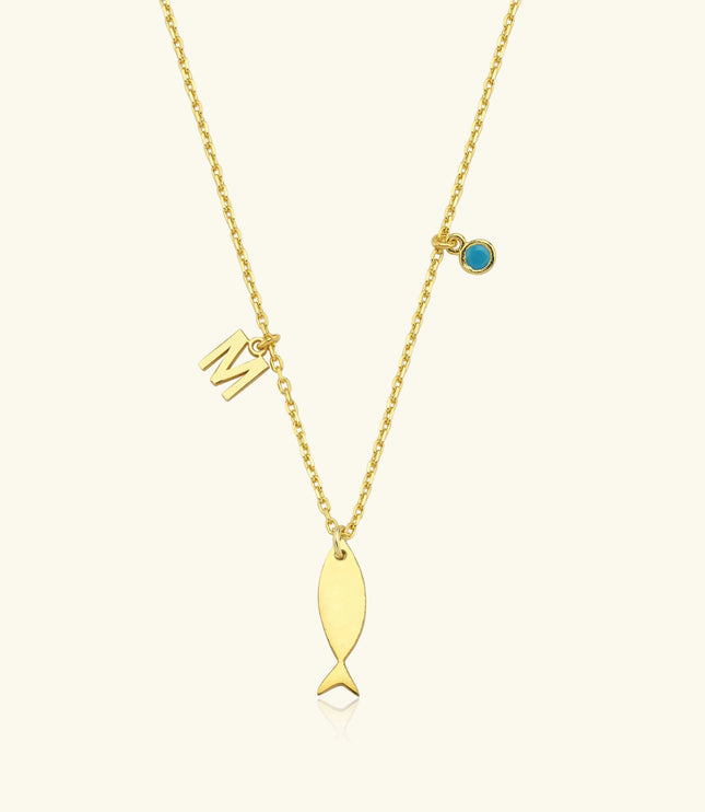 Fish and Initial Necklace, 18K Gold-Plated Sterling Silver Customizable Charm Necklace for Women - Dabas Minimalist