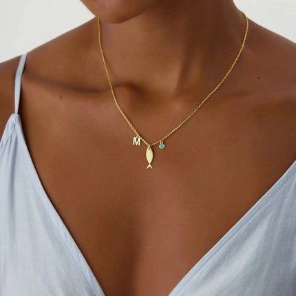 Fish and Initial Necklace, 18K Gold-Plated Sterling Silver Customizable Charm Necklace for Women - Dabas Minimalist
