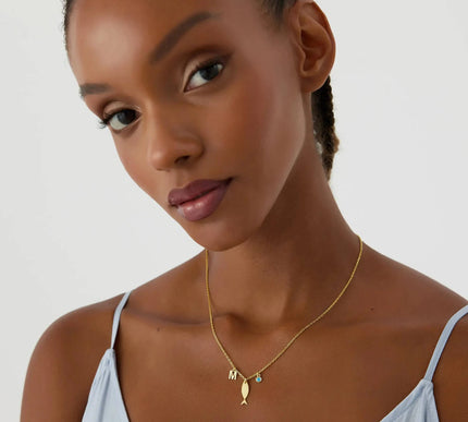 Fish and Initial Necklace, 18K Gold-Plated Sterling Silver Customizable Charm Necklace for Women - Dabas Minimalist