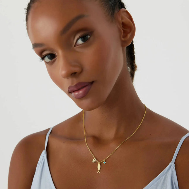 Fish and Initial Necklace, 18K Gold-Plated Sterling Silver Customizable Charm Necklace for Women - Dabas Minimalist