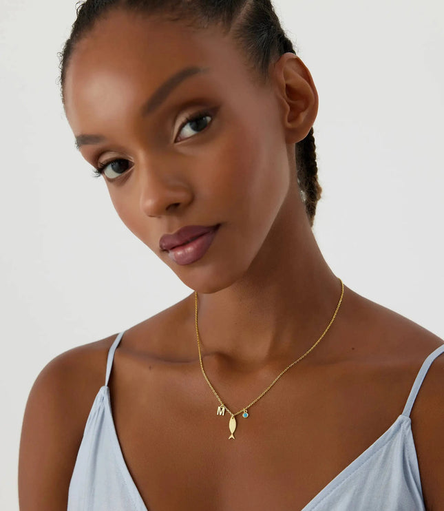Fish and Initial Necklace, 18K Gold-Plated Sterling Silver Customizable Charm Necklace for Women - Dabas Minimalist