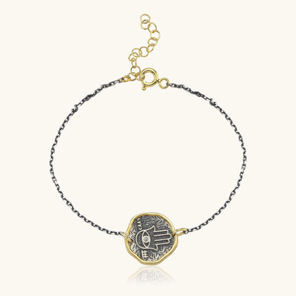Hamsa Hand Coin Bracelet – 18K Gold-Plated Sterling Silver with Black Chain - Dabas Minimalist