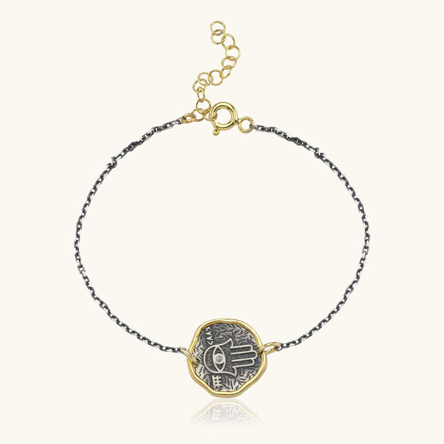 Hamsa Hand Coin Bracelet – 18K Gold-Plated Sterling Silver with Black Chain - Dabas Minimalist