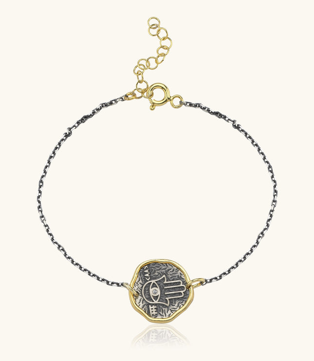 Hamsa Hand Coin Bracelet – 18K Gold-Plated Sterling Silver with Black Chain - Dabas Minimalist