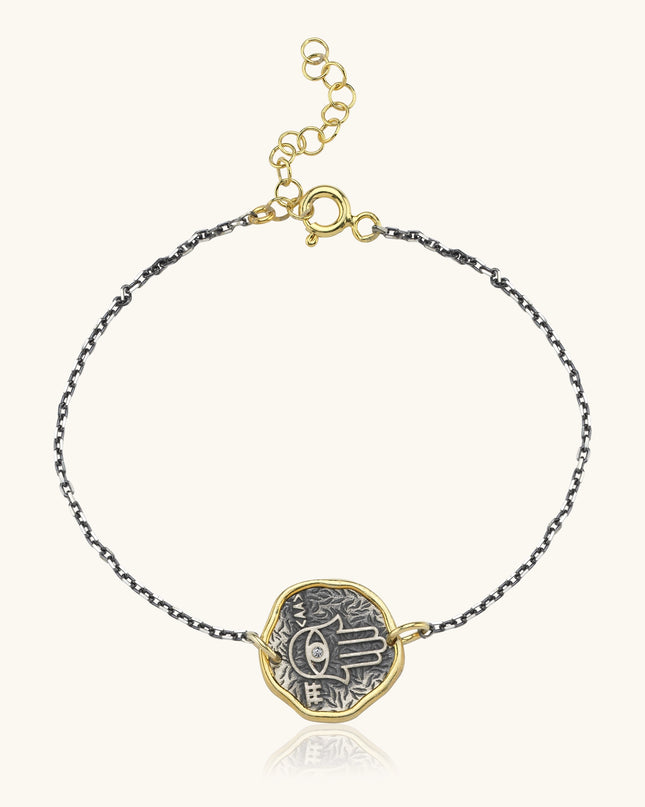 Hamsa Hand Coin Bracelet – 18K Gold-Plated Sterling Silver with Black Chain - Dabas Minimalist