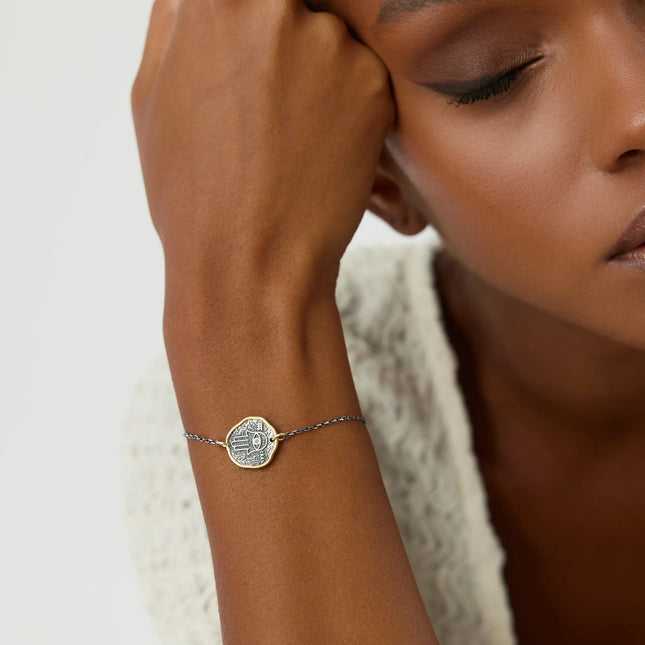 Hamsa Hand Coin Bracelet – 18K Gold-Plated Sterling Silver with Black Chain - Dabas Minimalist