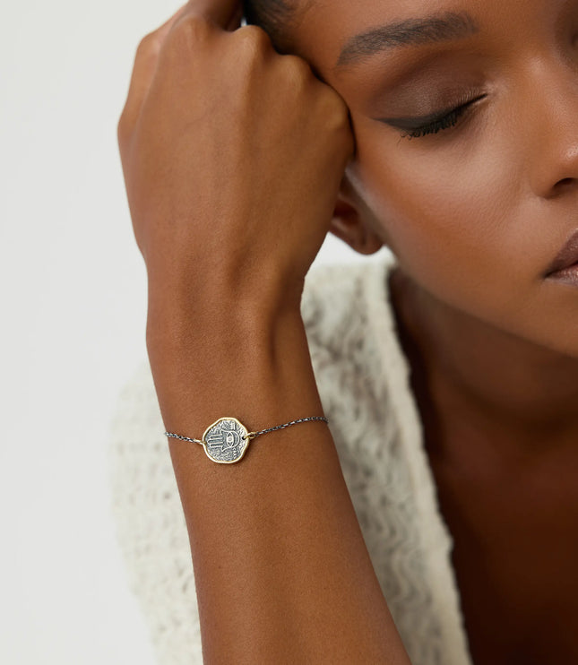 Hamsa Hand Coin Bracelet – 18K Gold-Plated Sterling Silver with Black Chain - Dabas Minimalist