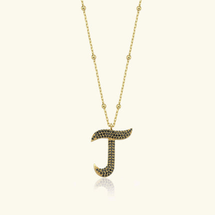 Gold Initial Necklace with Black Stones - Personalized 18K Gold-Plated Pendant - Dabas Minimalist