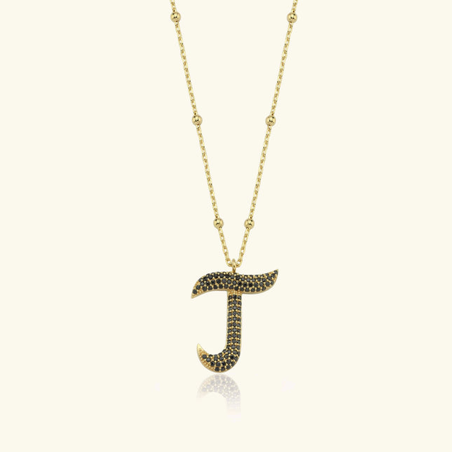 Gold Initial Necklace with Black Stones - Personalized 18K Gold-Plated Pendant - Dabas Minimalist