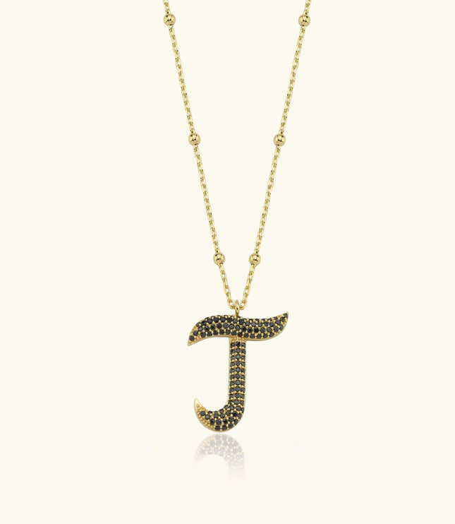Gold Initial Necklace with Black Stones - Personalized 18K Gold-Plated Pendant - Dabas Minimalist