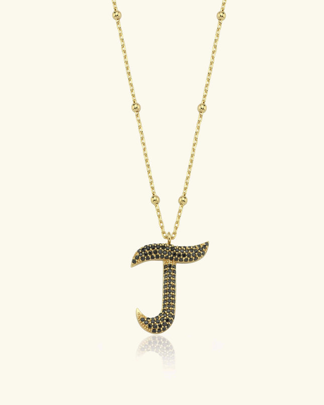 Gold Initial Necklace with Black Stones - Personalized 18K Gold-Plated Pendant - Dabas Minimalist