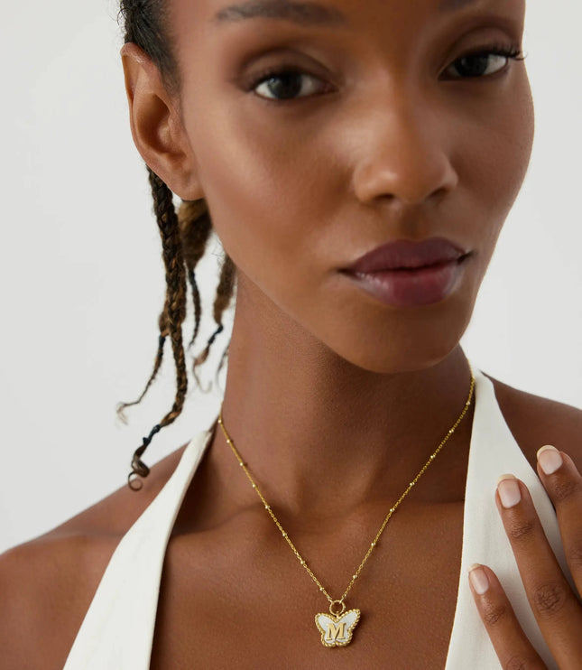 Butterfly Mother of Pearl Letter Necklace, 18K Gold-Plated Sterling Silver - Dabas Minimalist