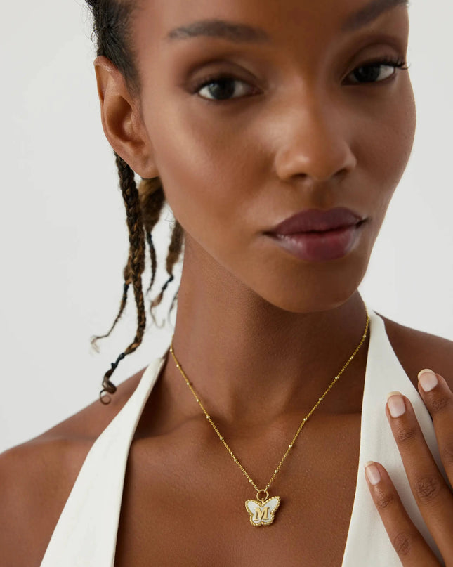 Butterfly Mother of Pearl Letter Necklace, 18K Gold-Plated Sterling Silver - Dabas Minimalist