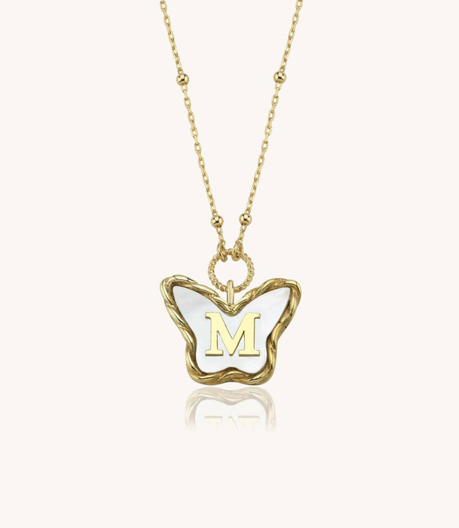Butterfly Mother of Pearl Letter Necklace, 18K Gold-Plated Sterling Silver - Dabas Minimalist