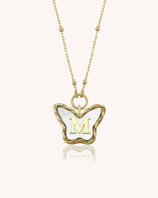 Butterfly Mother of Pearl Letter Necklace, 18K Gold-Plated Sterling Silver - Dabas Minimalist