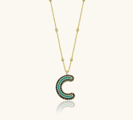 Black CZ Stone and Enamel Initial Necklace - 18K Gold-Plated Sterling Silver - Dabas Minimalist