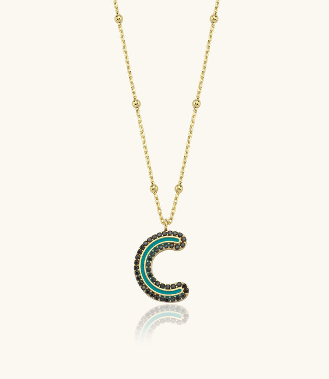 Black CZ Stone and Enamel Initial Necklace - 18K Gold-Plated Sterling Silver - Dabas Minimalist