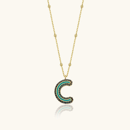 Black CZ Stone and Enamel Initial Necklace - 18K Gold-Plated Sterling Silver - Dabas Minimalist