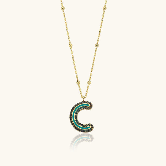 Black CZ Stone and Enamel Initial Necklace - 18K Gold-Plated Sterling Silver - Dabas Minimalist