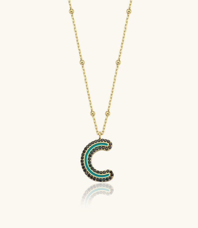 Black CZ Stone and Enamel Initial Necklace - 18K Gold-Plated Sterling Silver - Dabas Minimalist