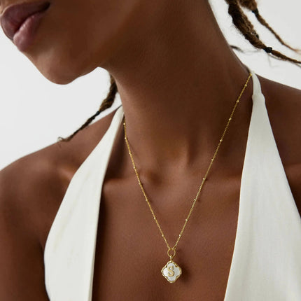 Clover Mother of Pearl Initial Pendant Necklace – 18K Gold-Plated Sterling Silver - Dabas Minimalist