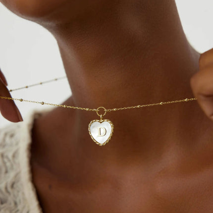 Heart Mother of Pearl Initial Necklace, Personalized 18K Gold-Plated Sterling Silver Jewelry - Dabas Minimalist