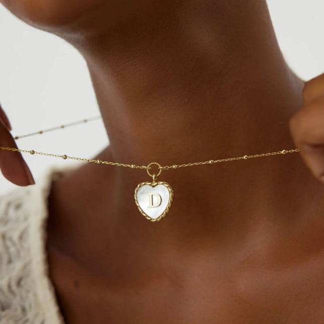 Heart Mother of Pearl Initial Necklace, Personalized 18K Gold-Plated Sterling Silver Jewelry - Dabas Minimalist