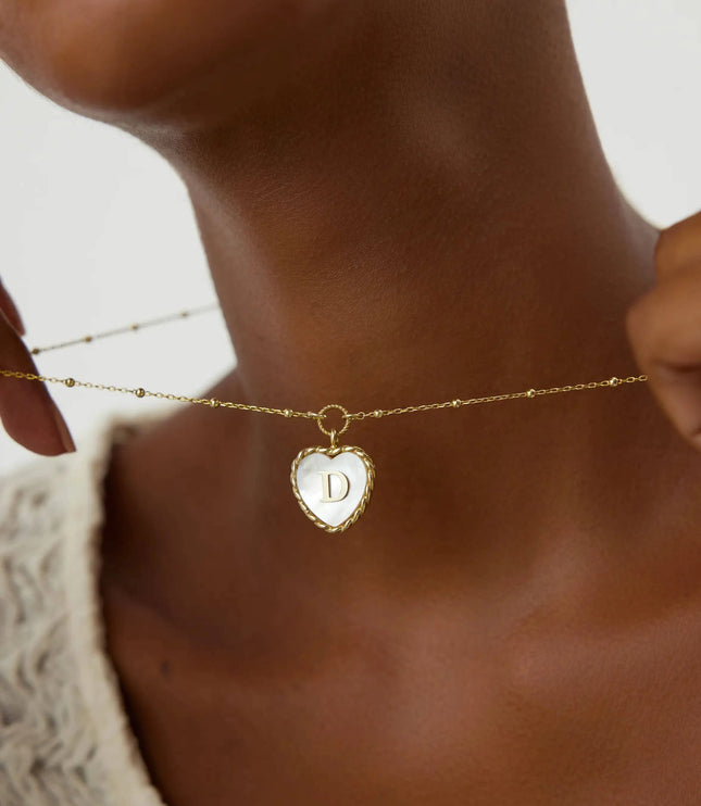 Heart Mother of Pearl Initial Necklace, Personalized 18K Gold-Plated Sterling Silver Jewelry - Dabas Minimalist