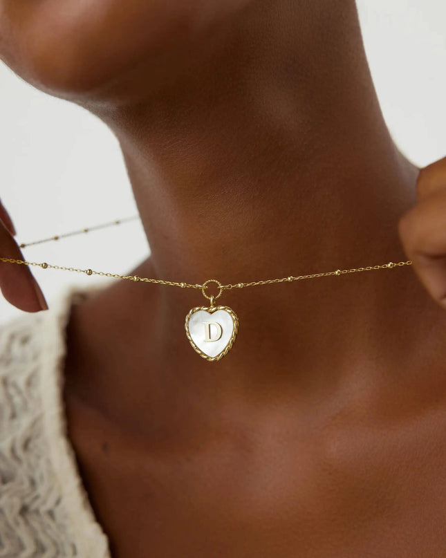 Heart Mother of Pearl Initial Necklace, Personalized 18K Gold-Plated Sterling Silver Jewelry - Dabas Minimalist