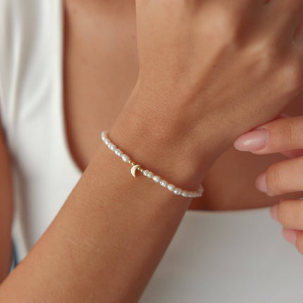 Moon and Freshwater Pearl Bracelet – 925K Sterling Silver with 18K Gold-Plating - Dabas Minimalist