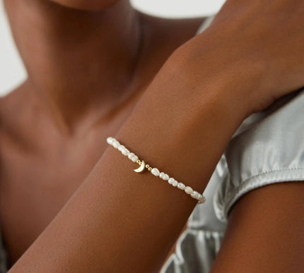 Moon and Freshwater Pearl Bracelet – 925K Sterling Silver with 18K Gold-Plating - Dabas Minimalist