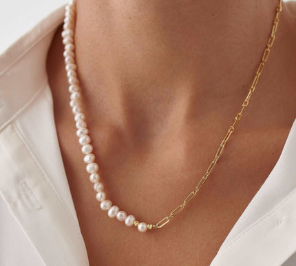 Handmade Freshwater Pearl Beaded Chain Necklace, 18K Gold-Plated Sterling Silver - Dabas Minimalist