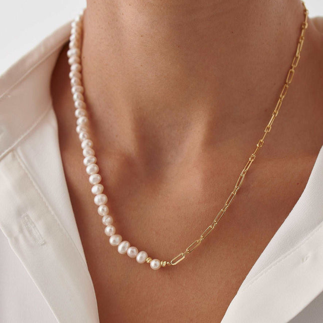 Handmade Freshwater Pearl Beaded Chain Necklace, 18K Gold-Plated Sterling Silver - Dabas Minimalist