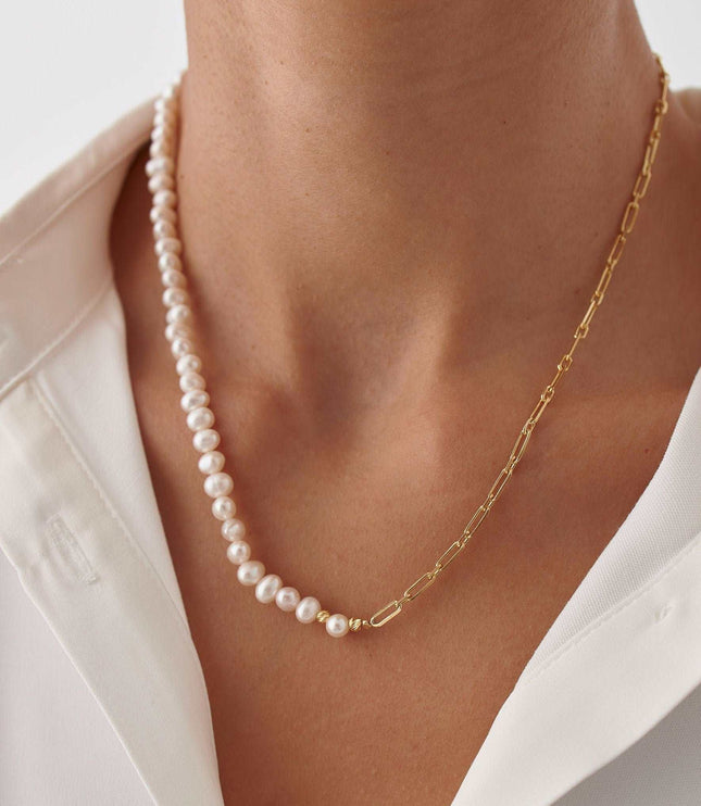 Handmade Freshwater Pearl Beaded Chain Necklace, 18K Gold-Plated Sterling Silver - Dabas Minimalist