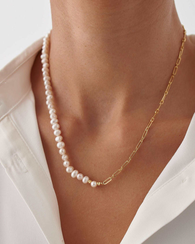 Handmade Freshwater Pearl Beaded Chain Necklace, 18K Gold-Plated Sterling Silver - Dabas Minimalist