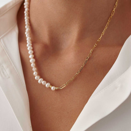 Handmade Freshwater Pearl Beaded Chain Necklace, 18K Gold-Plated Sterling Silver - Dabas Minimalist