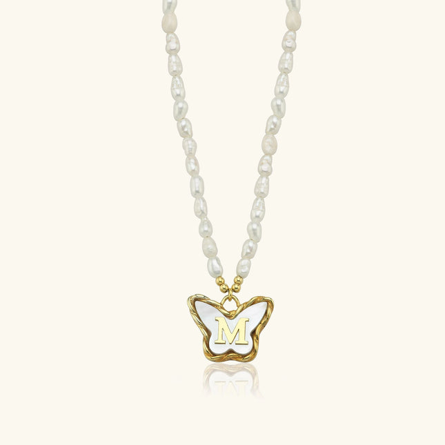 Butterfly Initial Pendant with Freshwater Pearls Beaded Necklace, 18K Gold-Plated Sterling Silver - Dabas Minimalist