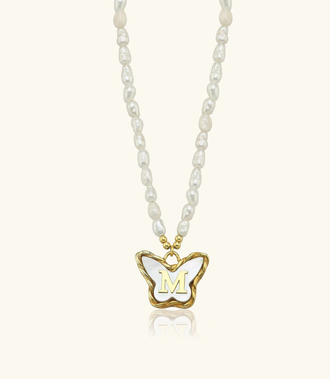 Butterfly Initial Pendant with Freshwater Pearls Beaded Necklace, 18K Gold-Plated Sterling Silver - Dabas Minimalist