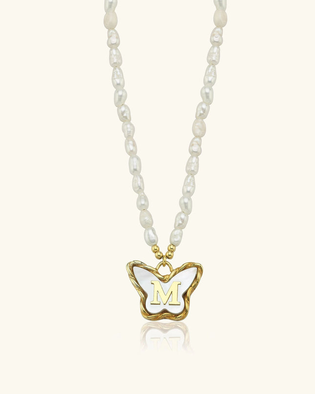 Butterfly Initial Pendant with Freshwater Pearls Beaded Necklace, 18K Gold-Plated Sterling Silver - Dabas Minimalist