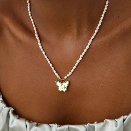 Butterfly Initial Pendant with Freshwater Pearls Beaded Necklace, 18K Gold-Plated Sterling Silver - Dabas Minimalist