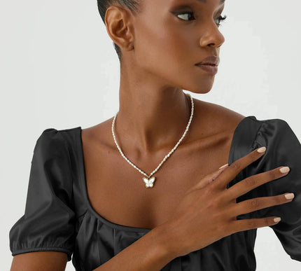 Butterfly Initial Pendant with Freshwater Pearls Beaded Necklace, 18K Gold-Plated Sterling Silver - Dabas Minimalist